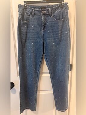 Express Women's Dark Blue Skinny Jeans with Silver Stud Detail